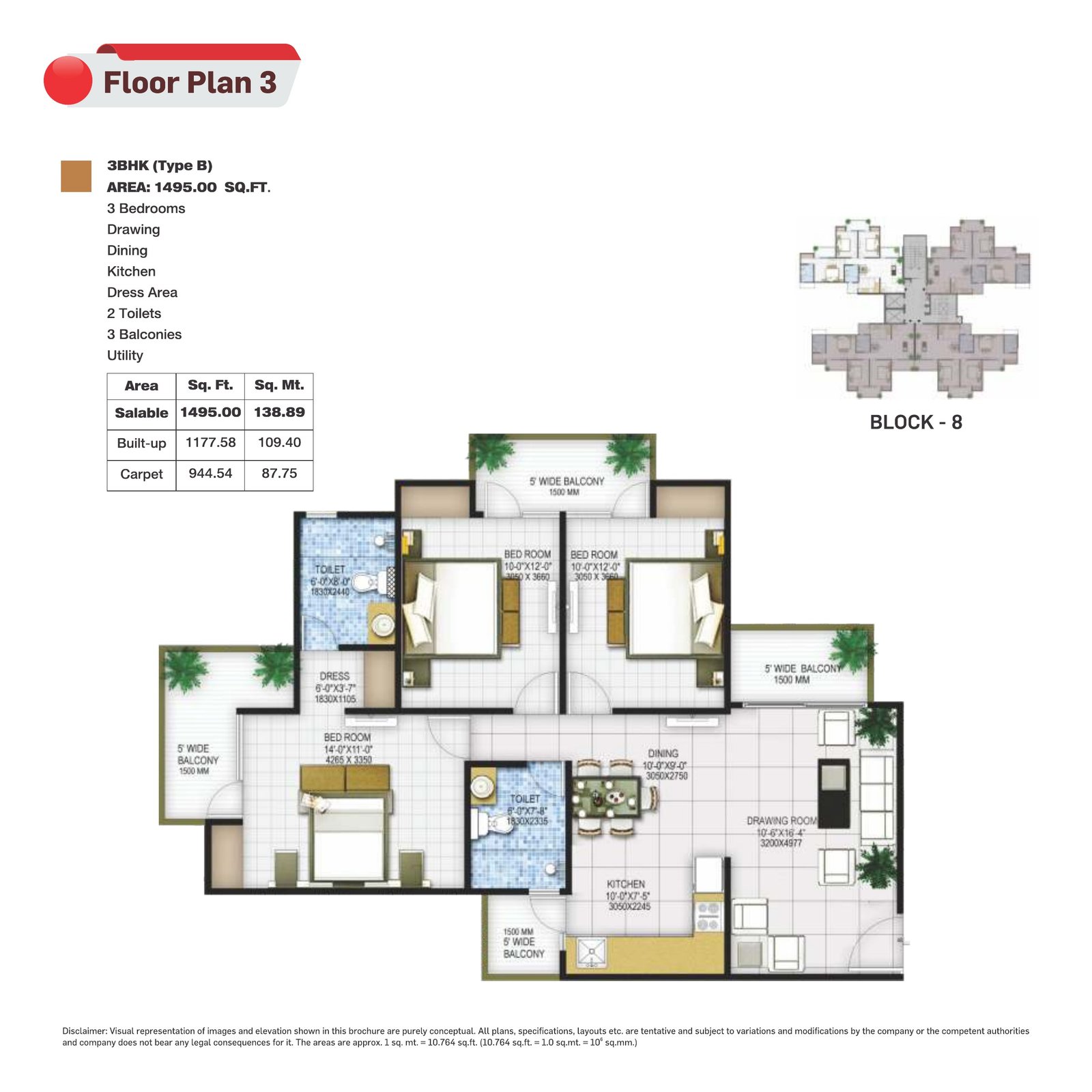 1,495 sq ft Type B floor plan · Panchsheel Group.