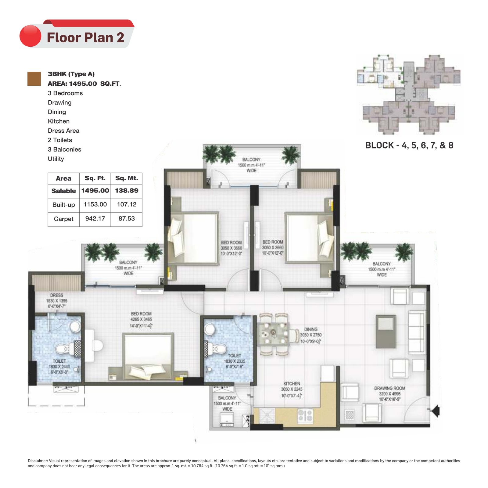 1,495 sq ft Type A floor plan · Panchsheel Group.